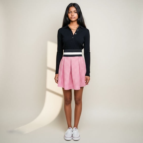 Anthropologie Maeve Ballad Skater Mini Skirt in Khaki Pink Circle Embroidered - Picture 4 of 16